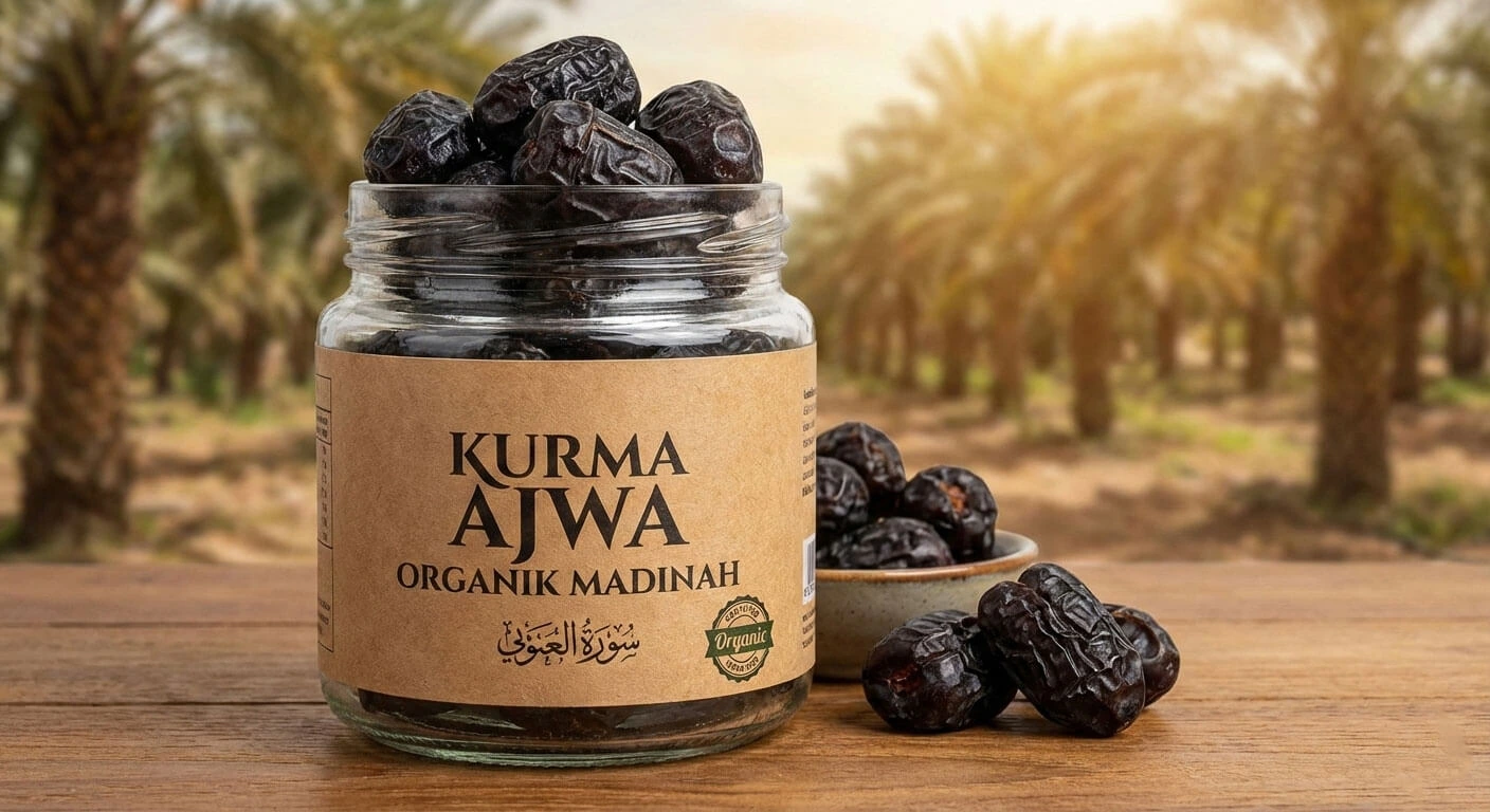 Kurma Ajwa organik Madinah dengan tekstur lembut dan warna hitam khas
