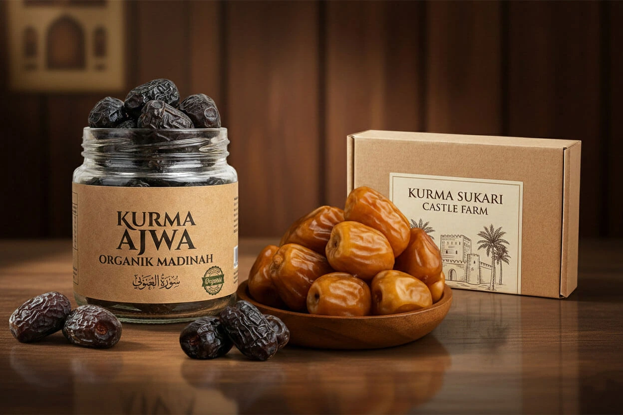 Kurma Ajwa dan Sukari Castle Farm premium dalam kemasan mewah